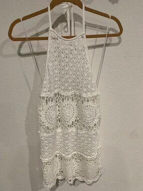 NWT Hollister White Crochet Halter Beach Coverup Mini Dress XS